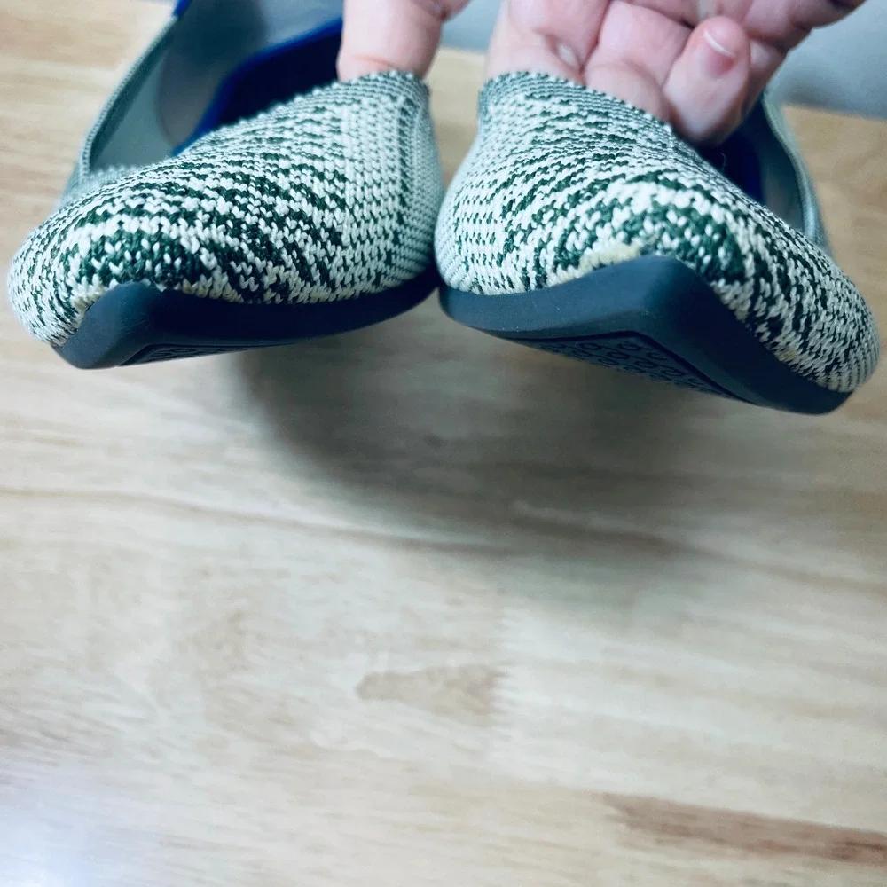 Rothy's The Point Olive Green White Geometric Knit Flats Shoes Women's 9